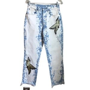 LF CARMAR Juliet Acid Wash High Rise Bird Patch Distressed Raw Hem Jeans